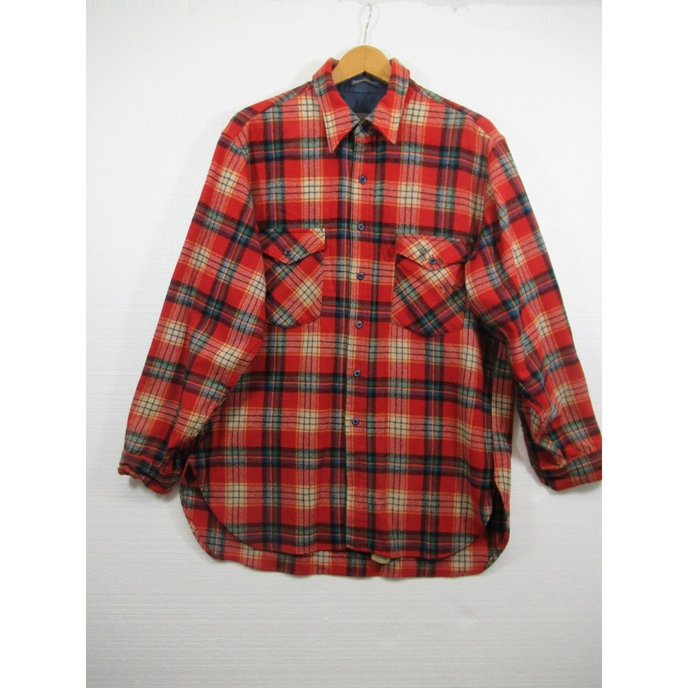 Vintage 60s 70s Pendleton Outdoors Man Wool Shirt Men XL Red Plaid